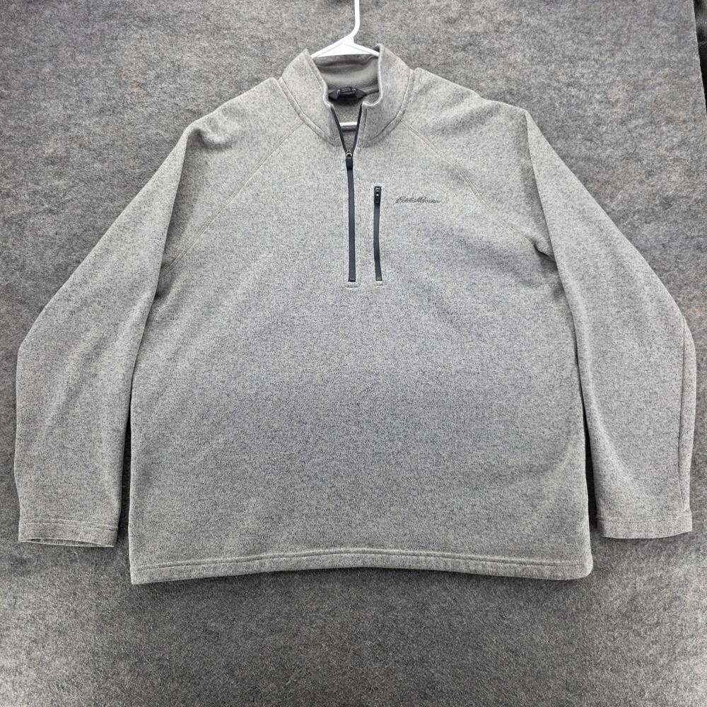 Eddie Bauer Sweater Mens 2XL Gray Quarter Zip Fleece Pullover Raglan Embroidered